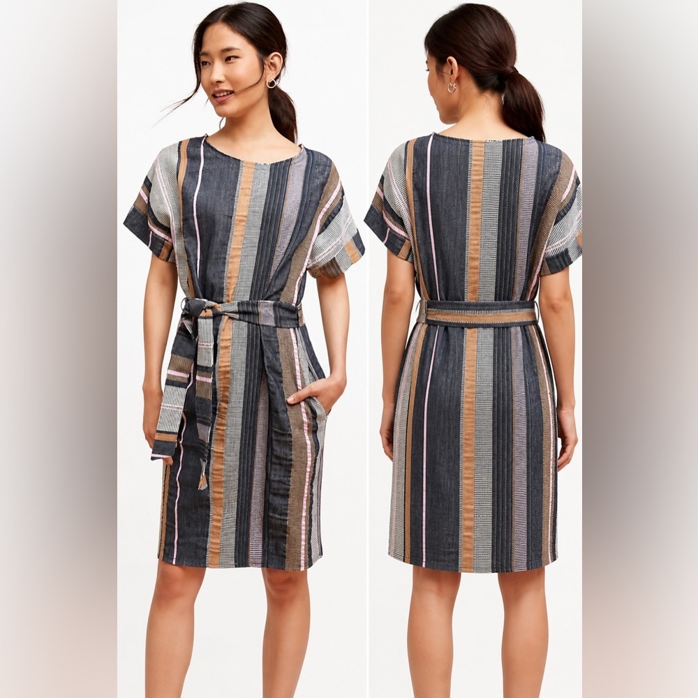 Anthropologie Striped Belted Pocket Dress Cotton Blend Navy Pink Tan L